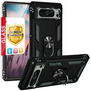 TJS for Google Pixel 8 Pro Phone Case, with Tempered Glass Screen Protector, Impact Resistant Metal Ring Magnetic Support Kickstand Drop Protector Cover (Black)